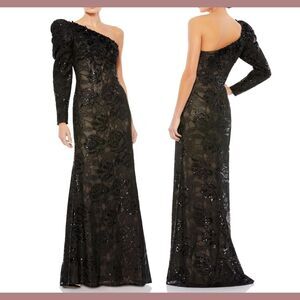 NWT $698 Mac Duggal [ 10 ] Embellished One Puff Sleeve Trumpet‎ Gown Black G1646